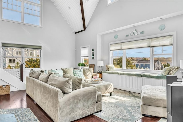 32 Breach Dr, Westerly, RI 02891 - living area featuring high vaulted ceiling, dark wood-style flooring, and wood ceiling
