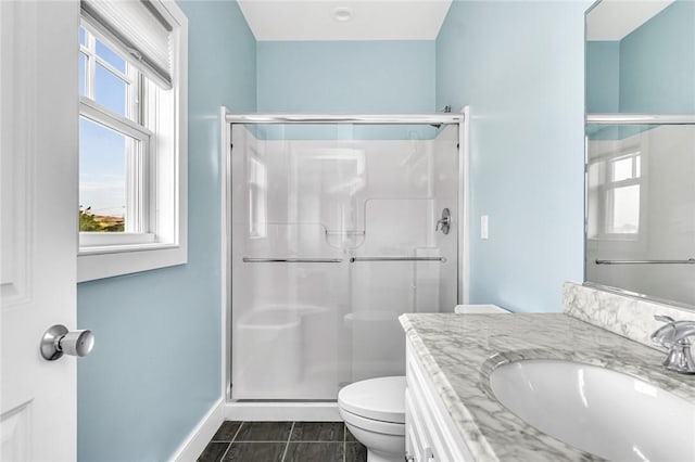 32 Breach Dr, Westerly, RI 02891 - bathroom featuring toilet, a shower stall, baseboards, tile patterned flooring, and vanity