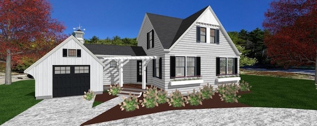 19 Traymore St, Charlestown, RI 02813 - view of front of house with a front lawn, a chimney, board and batten siding, and driveway