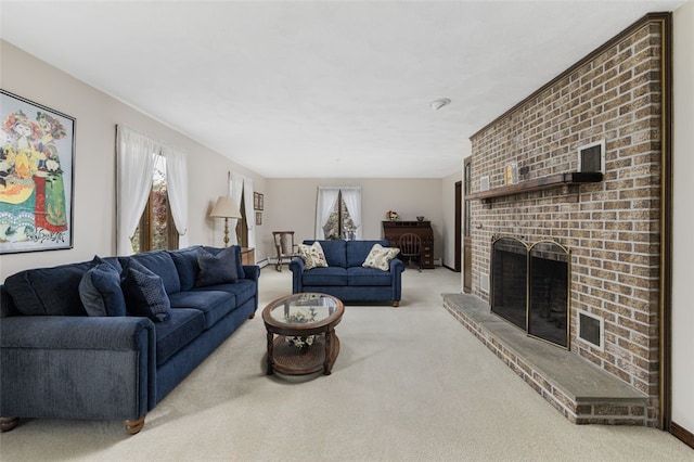 218 Burnt Cedar Dr, North Kingstown, RI 02852 - carpeted living room featuring a brick fireplace
