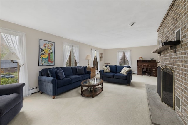 218 Burnt Cedar Dr, North Kingstown, RI 02852 - living area with carpet floors, a fireplace, a baseboard radiator, and a baseboard heating unit
