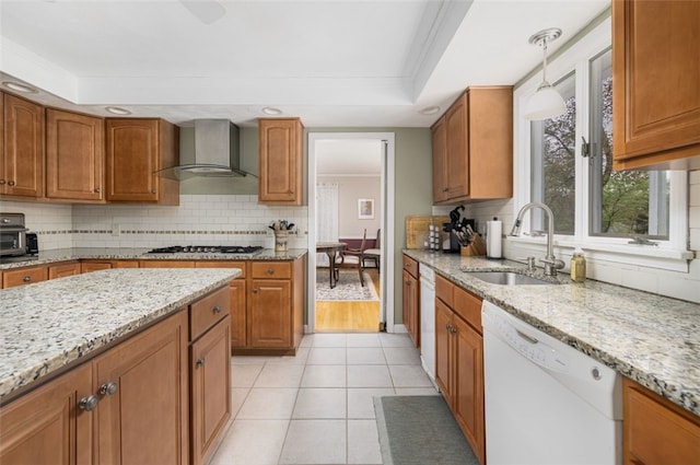218 Burnt Cedar Dr, North Kingstown, RI 02852 - kitchen featuring wall chimney exhaust hood, dishwasher, crown molding, a sink, and brown cabinets