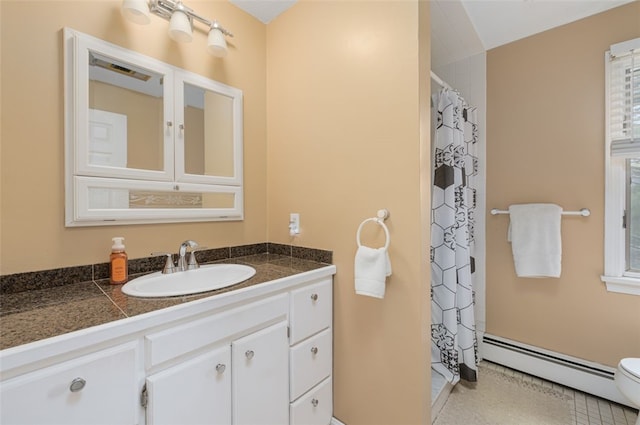 218 Burnt Cedar Dr, North Kingstown, RI 02852 - bathroom with a baseboard heating unit, vanity, toilet, and a shower with curtain