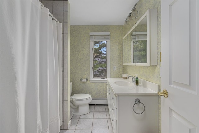 218 Burnt Cedar Dr, North Kingstown, RI 02852 - bathroom featuring baseboard heating, wallpapered walls, tile patterned flooring, vanity, and toilet