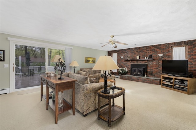218 Burnt Cedar Dr, North Kingstown, RI 02852 - living area with ceiling fan, carpet, and a brick fireplace