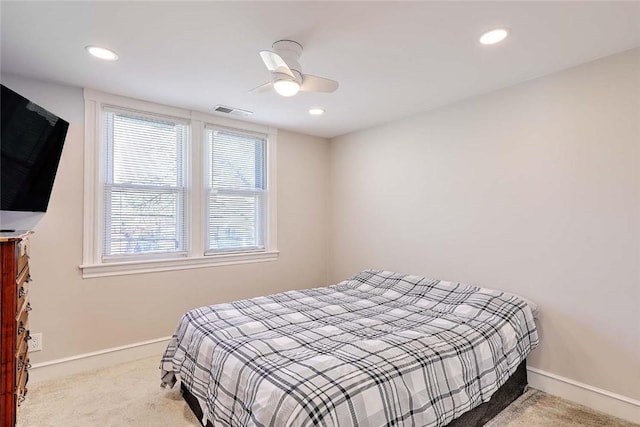 bedroom with carpet flooring, baseboards, recessed lighting, and ceiling fan
