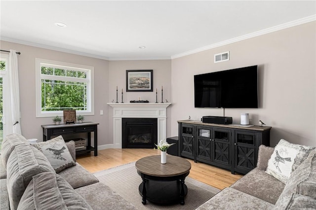 16 Kimberly Ct, North Kingstown, RI 02852 - living area with light wood finished floors, ornamental molding, a glass covered fireplace, and recessed lighting