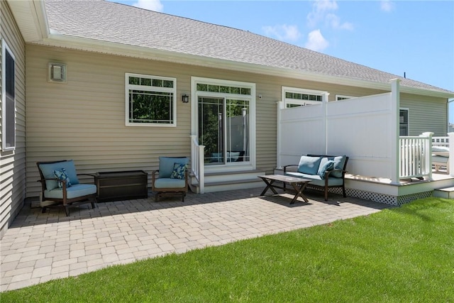 16 Kimberly Ct, North Kingstown, RI 02852 - rear view of house with a patio area, roof with shingles, an outdoor hangout area, and a deck