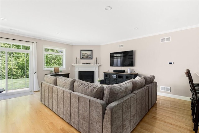 16 Kimberly Ct, North Kingstown, RI 02852 - living room featuring light wood finished floors, a fireplace, baseboards, crown molding, and recessed lighting