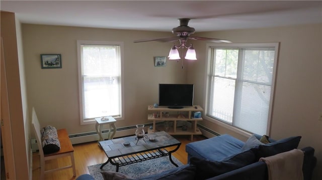 94 Barton St, Pawtucket, RI 02860 - living room featuring a baseboard radiator, a ceiling fan, and wood finished floors
