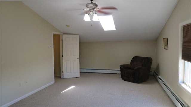 94 Barton St, Pawtucket, RI 02860 - unfurnished room featuring a baseboard radiator, lofted ceiling, light carpet, a ceiling fan, and baseboards
