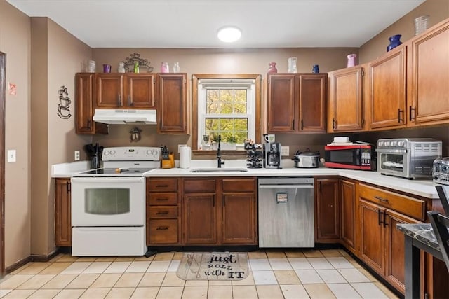366 Pascoag Main St, Burrillville, RI 02859 - kitchen with dishwasher, electric range, under cabinet range hood, a sink, and light countertops