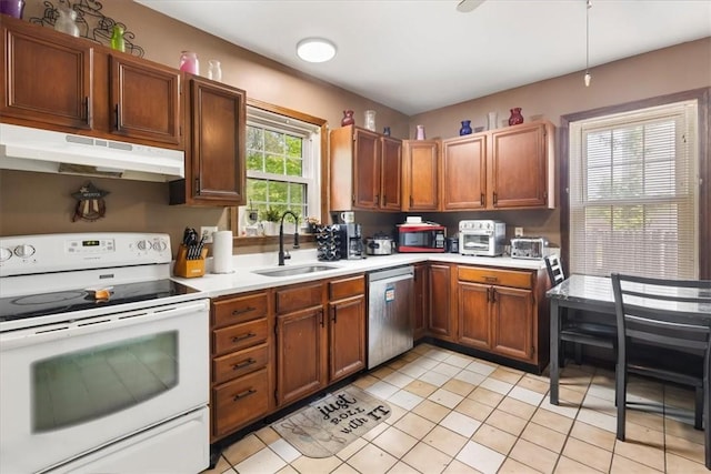 366 Pascoag Main St, Burrillville, RI 02859 - kitchen featuring white electric stove, dishwasher, under cabinet range hood, a sink, and light countertops