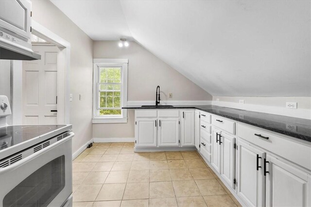 366 Pascoag Main St, Burrillville, RI 02859 - kitchen featuring white electric stove, a sink, vaulted ceiling, exhaust hood, and white cabinetry