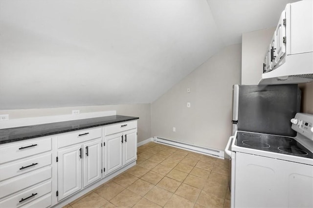 366 Pascoag Main St, Burrillville, RI 02859 - kitchen featuring white range with electric stovetop, a baseboard heating unit, lofted ceiling, white cabinetry, and freestanding refrigerator
