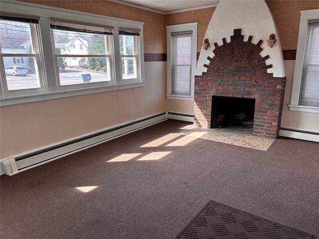 unfurnished living room featuring baseboard heating, carpet, and a fireplace