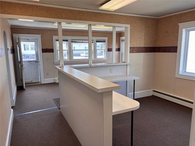 kitchen with a baseboard radiator, dark carpet, light countertops, baseboards, and crown molding