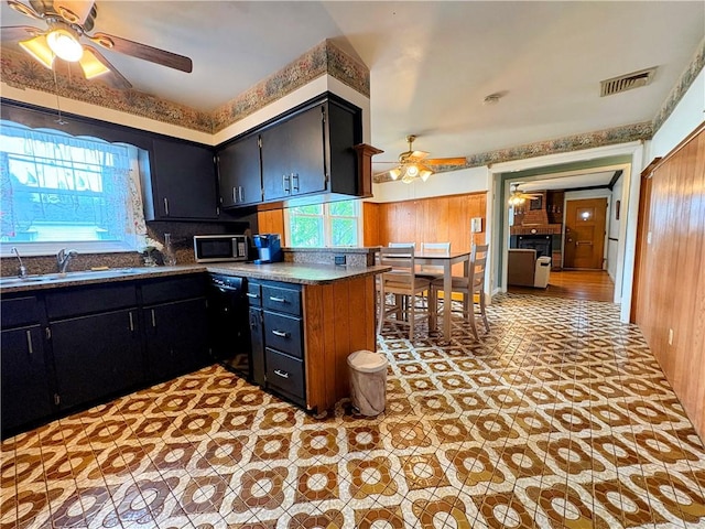 74 Lubec St, Providence, RI 02904 - kitchen with ceiling fan, stainless steel microwave, a sink, and dark cabinetry