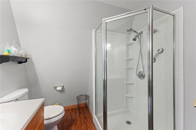 30 Saundra Dr, Westerly, RI 02891 - bathroom featuring toilet, a stall shower, wood finished floors, and vanity