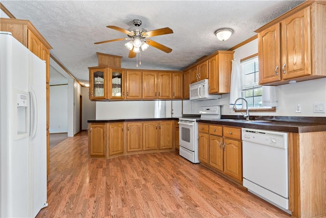 kitchen with white appliances, a sink, brown cabinetry, ceiling fan, and a textured ceiling