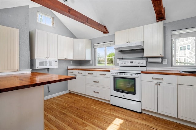 1 Offshore Rd Unit 32, Narragansett, RI 02882 - kitchen with white appliances, under cabinet range hood, wooden counters, light wood-style floors, and healthy amount of natural light