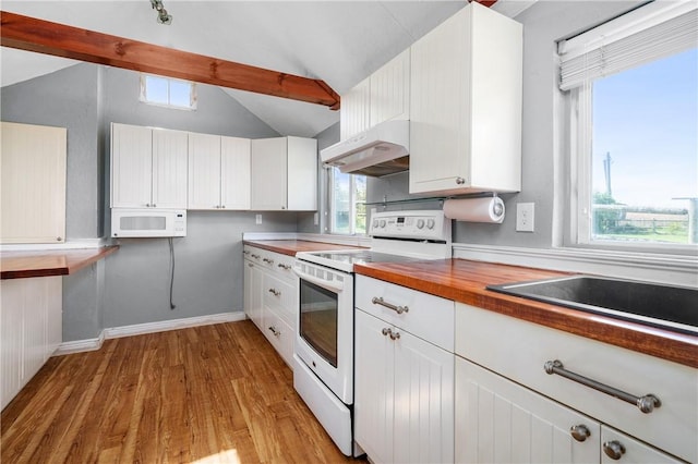 1 Offshore Rd Unit 32, Narragansett, RI 02882 - kitchen with white appliances, under cabinet range hood, lofted ceiling, light wood-type flooring, and white cabinetry