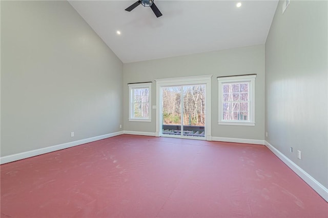 390 Lapham Farm Rd, Burrillville, RI 02859 - carpeted spare room with baseboards, ceiling fan, recessed lighting, and high vaulted ceiling