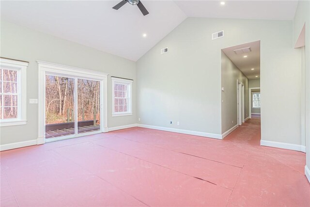 390 Lapham Farm Rd, Burrillville, RI 02859 - empty room with high vaulted ceiling, baseboards, ceiling fan, and recessed lighting