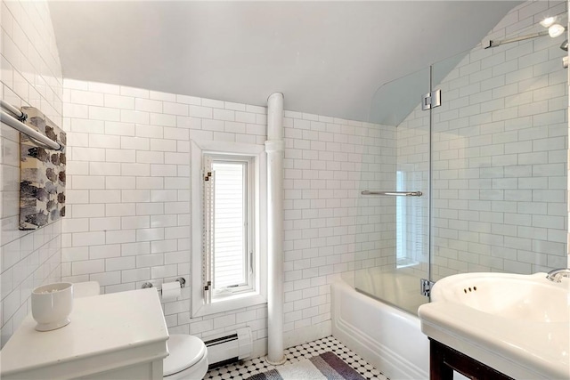 29 Webster St, Newport, RI 02840 - bathroom featuring a baseboard heating unit, vaulted ceiling, tile walls, toilet, and tile patterned flooring