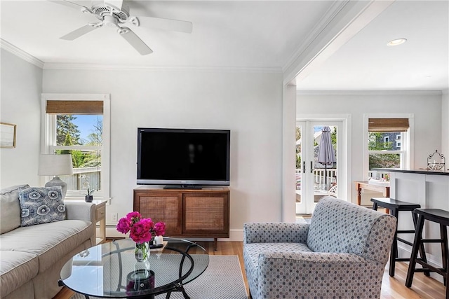29 Webster St, Newport, RI 02840 - living room featuring plenty of natural light, wood finished floors, a ceiling fan, ornamental molding, and a baseboard heating unit