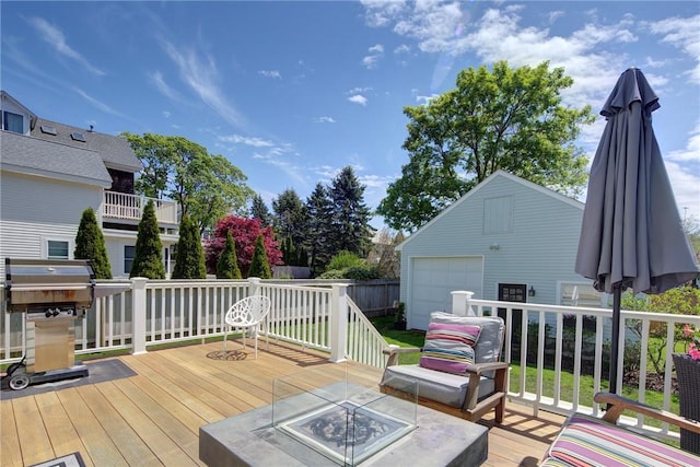 29 Webster St, Newport, RI 02840 - wooden terrace with an outdoor structure, a detached garage, fence, and a fire pit
