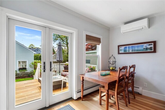 29 Webster St, Newport, RI 02840 - doorway to outside featuring a wall mounted air conditioner, ornamental molding, a baseboard radiator, light wood-style flooring, and french doors
