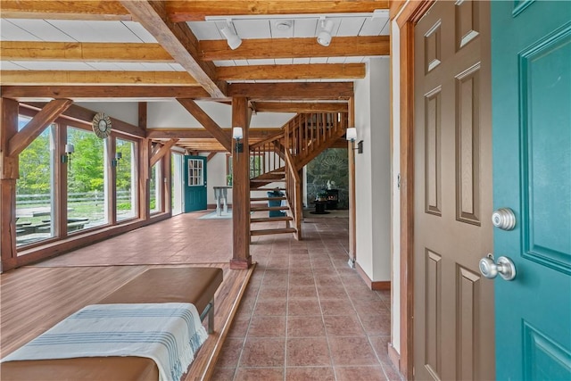 445 Plain Rd, West Greenwich, RI 02817 - entryway with beamed ceiling, stairway, and baseboards