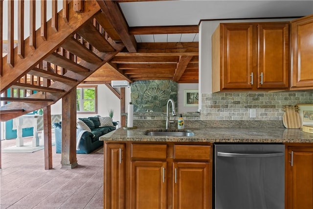 445 Plain Rd, West Greenwich, RI 02817 - kitchen with dishwasher, a sink, brown cabinets, stone countertops, and tasteful backsplash