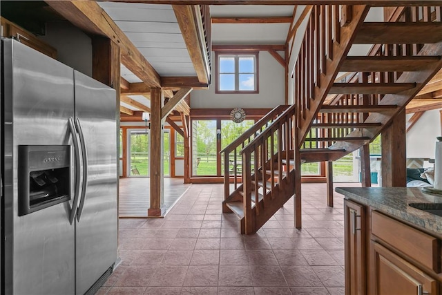445 Plain Rd, West Greenwich, RI 02817 - stairs featuring stone tile flooring and beam ceiling