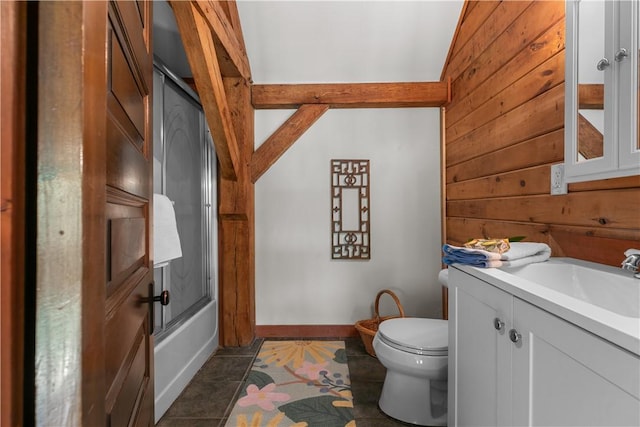445 Plain Rd, West Greenwich, RI 02817 - full bath with vanity, toilet, wood walls, tile patterned flooring, and bathtub / shower combination
