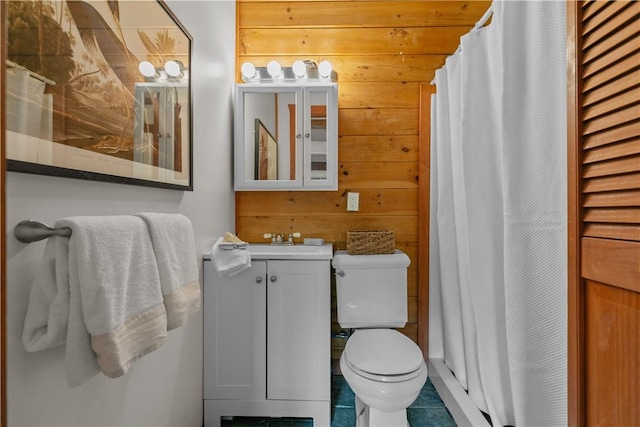 445 Plain Rd, West Greenwich, RI 02817 - full bath featuring toilet, vanity, curtained shower, tile patterned flooring, and wooden walls