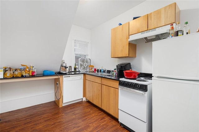 kitchen featuring white appliances, under cabinet range hood, a sink, dark wood finished floors, and dark countertops