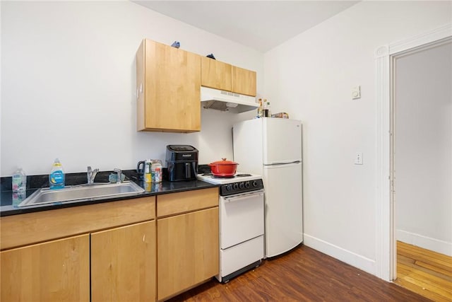kitchen featuring under cabinet range hood, a sink, white appliances, dark wood-type flooring, and dark countertops
