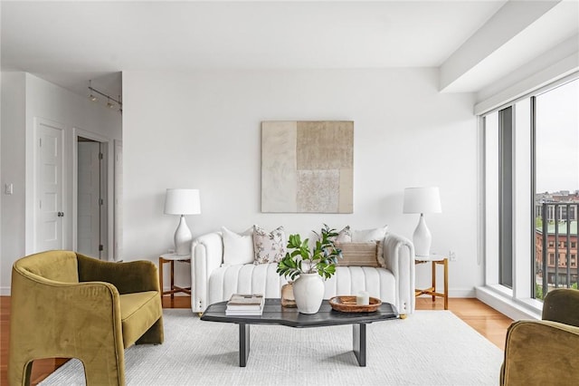 living room featuring wood finished floors and baseboards