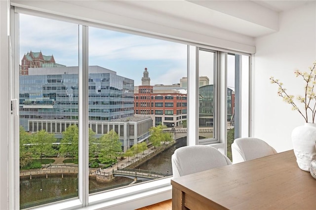 entryway with healthy amount of natural light, a view of city, and a water view