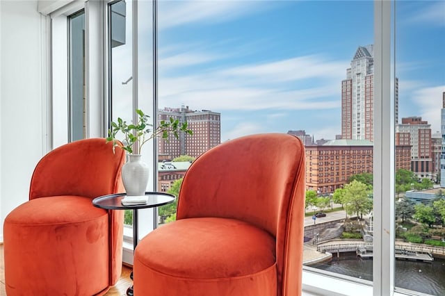 living area featuring a city view, plenty of natural light, and a water view