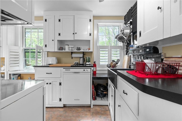 8001 Post Rd, North Kingstown, RI 02852 - kitchen with white dishwasher, white cabinets, open shelves, and dark countertops