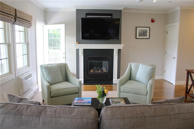 44 Bay St Unit B110, Westerly, RI 02891 - living area with wood finished floors, a fireplace with flush hearth, baseboards, crown molding, and a wall unit AC