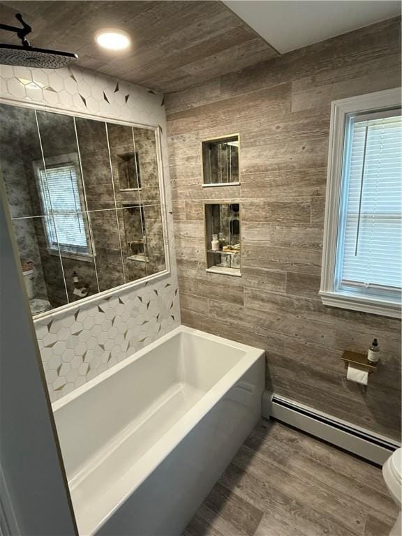 446 Angell Rd, North Providence, RI 02904 - bathroom featuring a baseboard heating unit, toilet, a bathtub, wood walls, and a shower