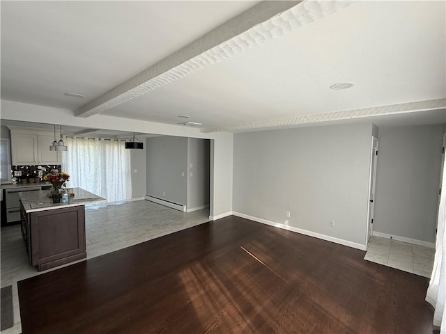 446 Angell Rd, North Providence, RI 02904 - unfurnished living room featuring beamed ceiling, baseboards, wood finished floors, and a baseboard radiator