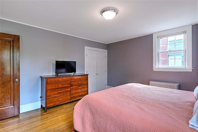bedroom featuring wood finished floors, radiator heating unit, baseboards, and a closet