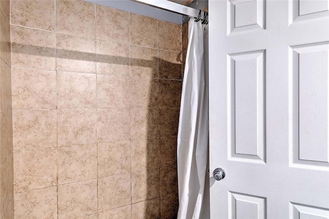 bathroom view of a shower with curtain