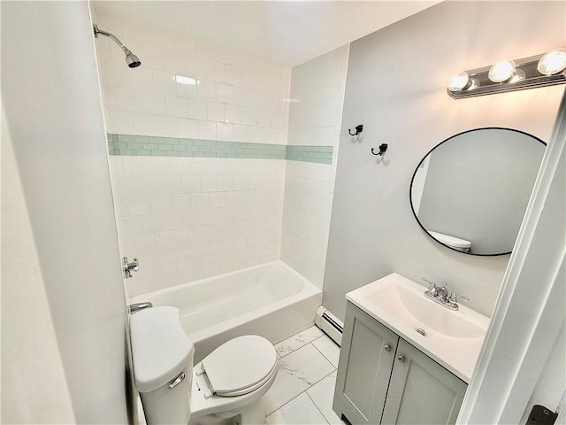 full bath with toilet, marble look tiles, vanity, bathing tub / shower combination, and baseboard heating