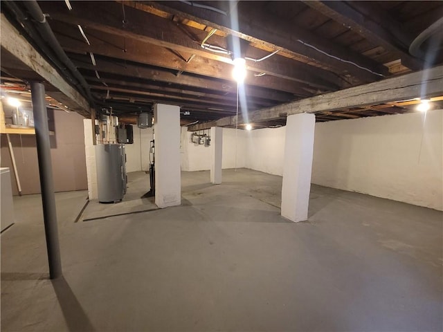 unfinished below grade area with water heater and electric panel